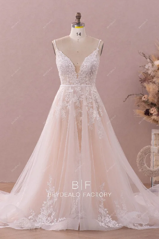 Special Savings Champagne Glitter Sleeveless Wholesale Lace A-line Bridal Dress