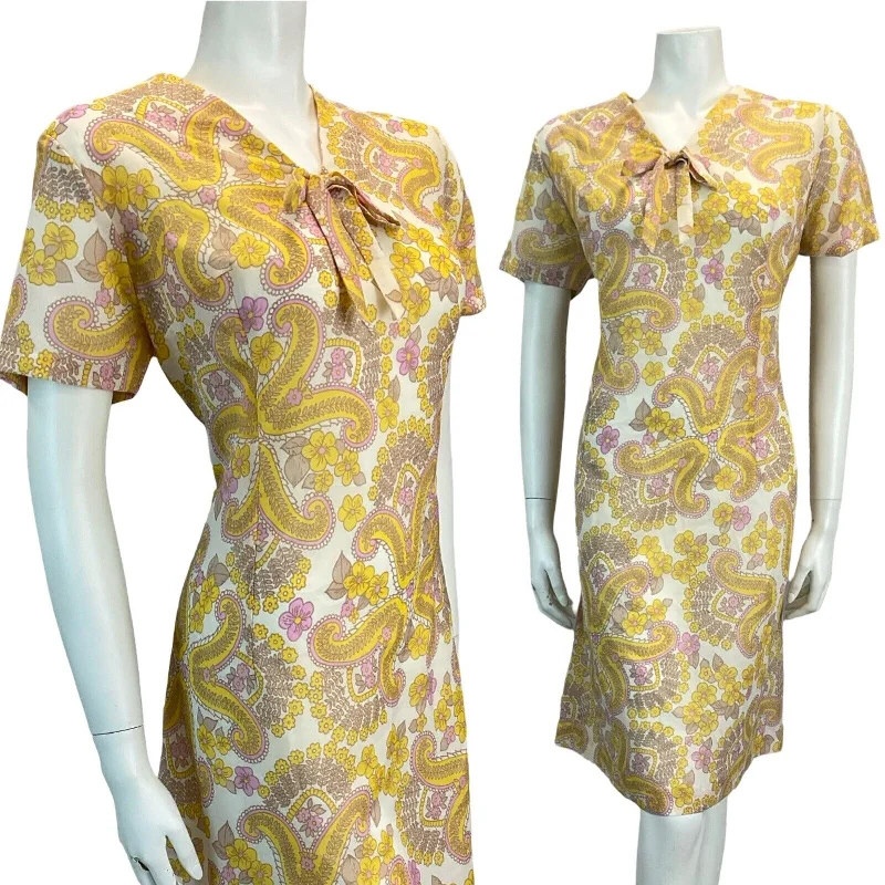 Major Savings VTG 60S MOD SCOOTER SECRETARY PAISLEY MINI SHIFT DRESS PINK YELLOW WHITE 14 16
