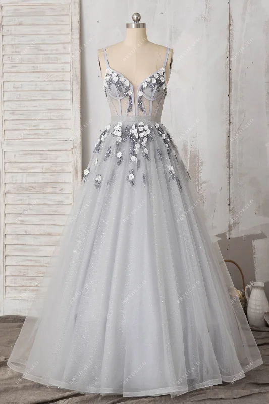 The Best Prices Pearls Flower Silver Sweetheart Corset Prom Dress