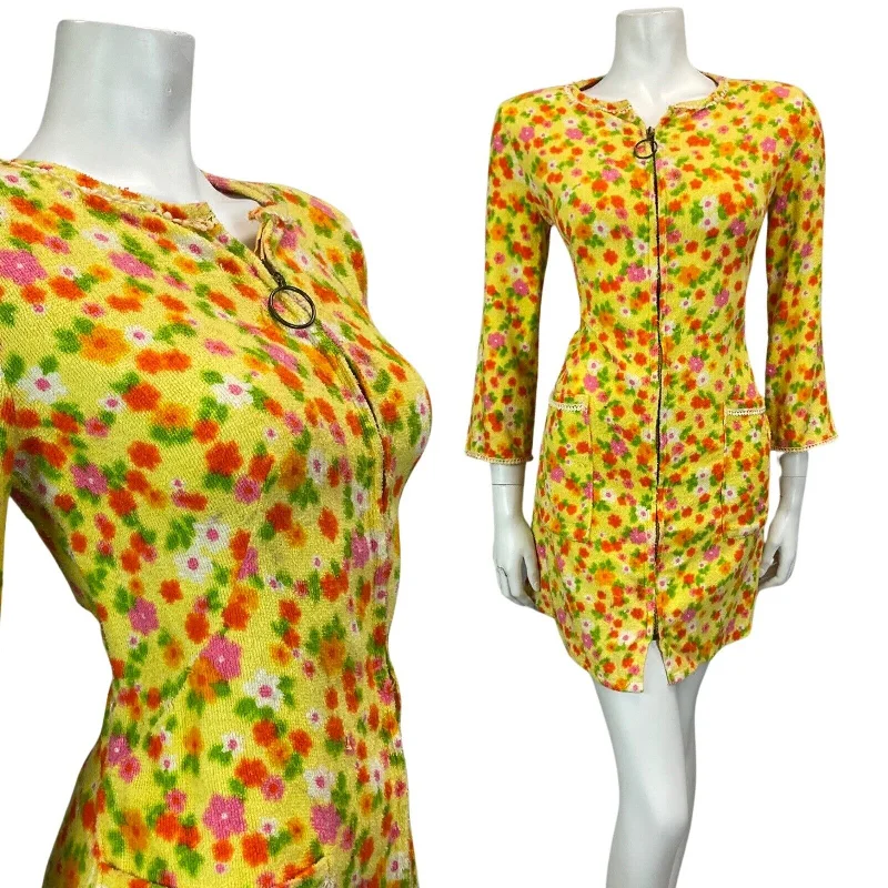 Epic Deals VINTAGE 60s 70s YELLOW ORANGE GREEN PINK FLORAL TOWELLING MINI DRESS 10 12