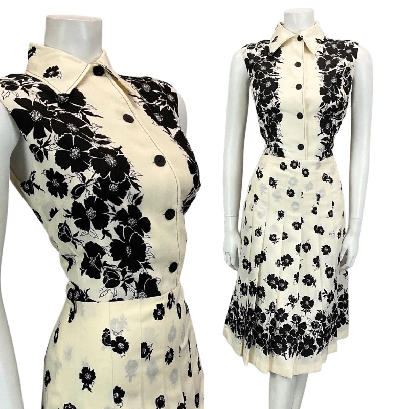 Special Price VTG 60S 70S OFF WHITE BLACK FLORAL PATTERNED BOHO MOD PLEATED MIDI DRESS 12 14