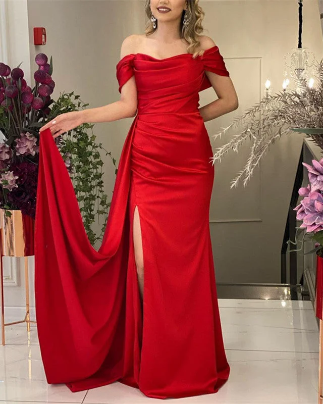 Buy Now Sexy Mermaid Split Off Shoulder Satin Dresses
