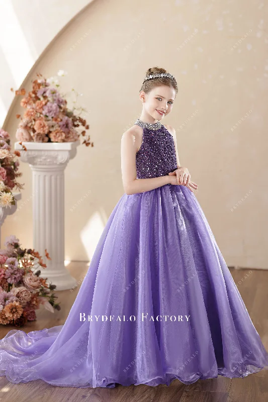 Price Drop Ready To Ship | Purple Rhinestone Halter Basque Waist Kids Birthday Dress