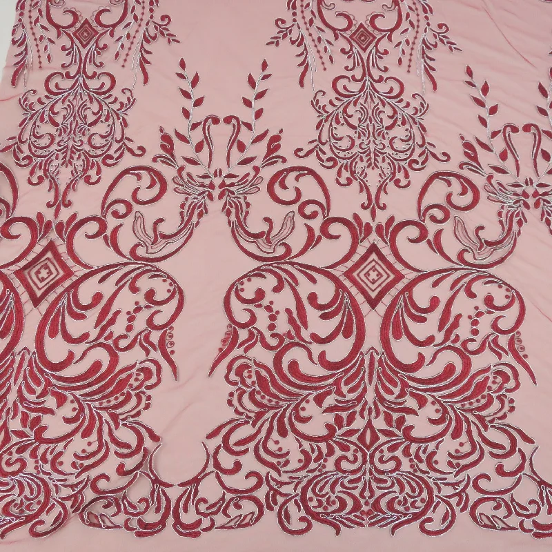 Discount Deals Red Tulle with Silver Arabesque Embroidered Fabric