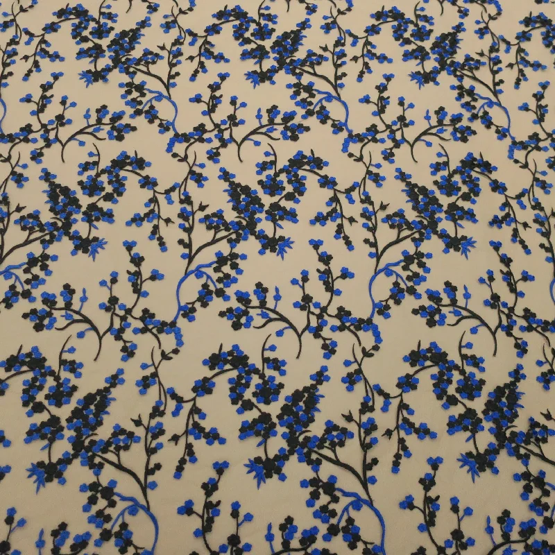 Exclusive Preview Nude Tulle with Blue and Black Floral Embroidery Fabric
