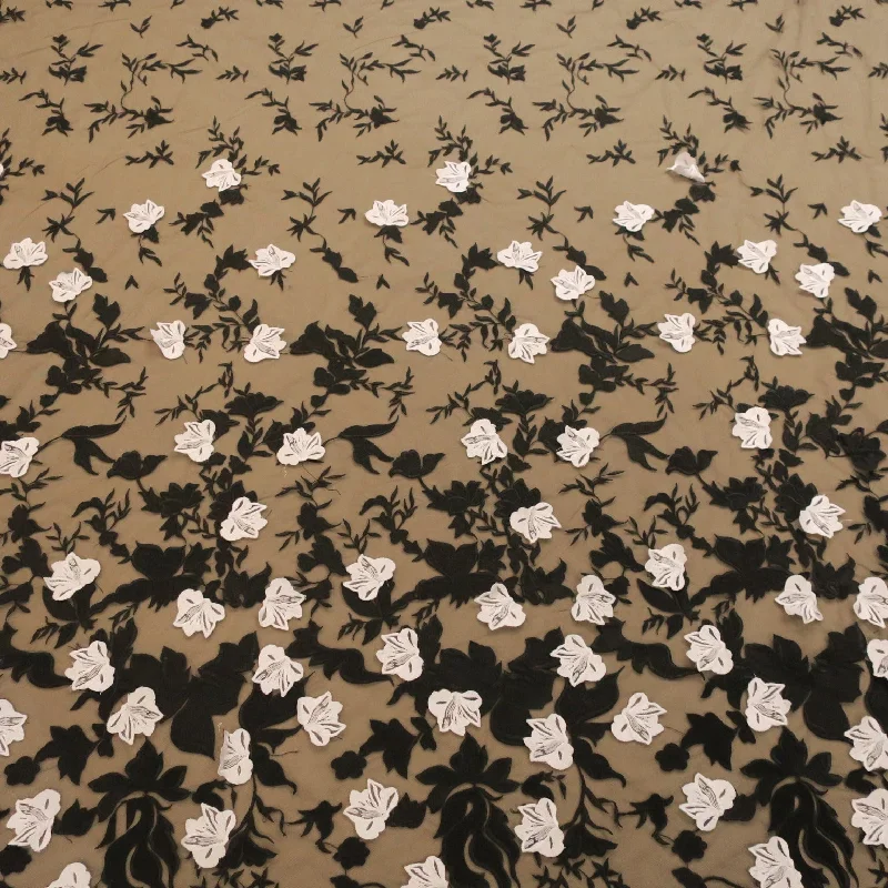 Super Deal Black Tulle with White and Black Floral Embroidered Fabric