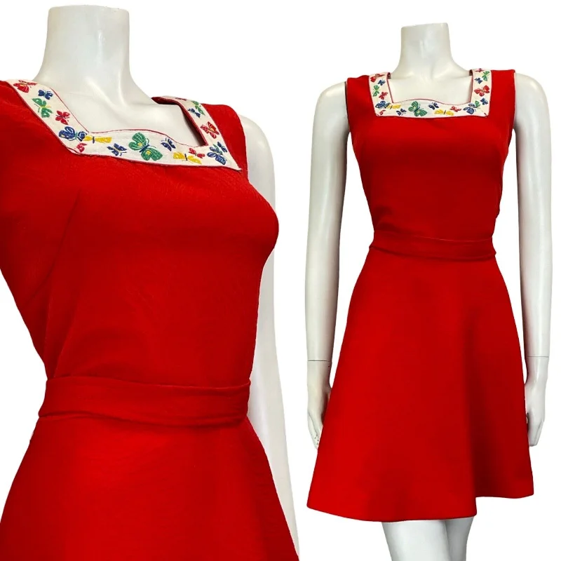 Great Deals VTG 60S BUTTERFLY PAISLEY RED SLEEVELESS MINI DRESS WITH BELT SIZE 10 12