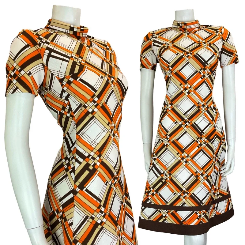 Major Savings VTG 60S ORANGE WHITE BROWN MOD ROUNDED COLLAR SHORT SLEEVE MIDI DRESS SIZE 10