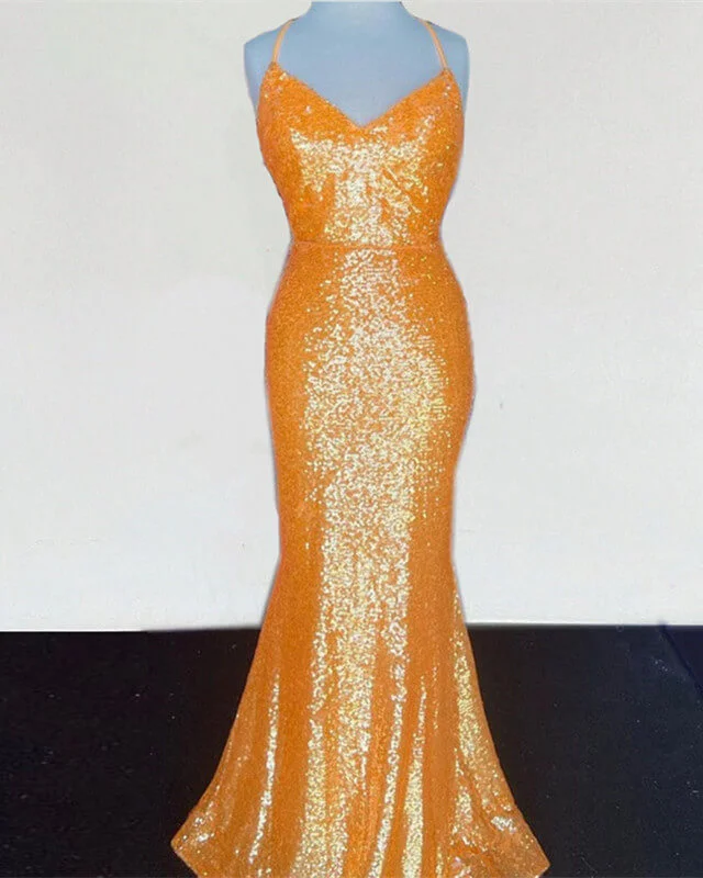 Last Chance Mermaid Orange Sequin V Neck Dress