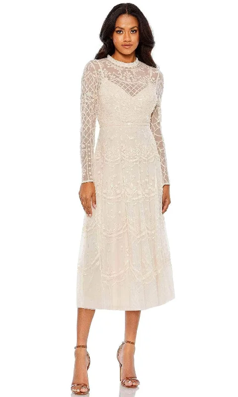 Weekend Deal Mac Duggal 9142 - Long Sleeve Illusion Neckline Tea Length Dress