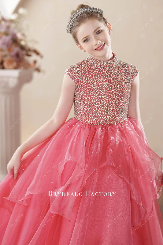 Exclusive Access Ready To Ship | Luxury Rhinestone High Neck Ruffled Kids Ballgown