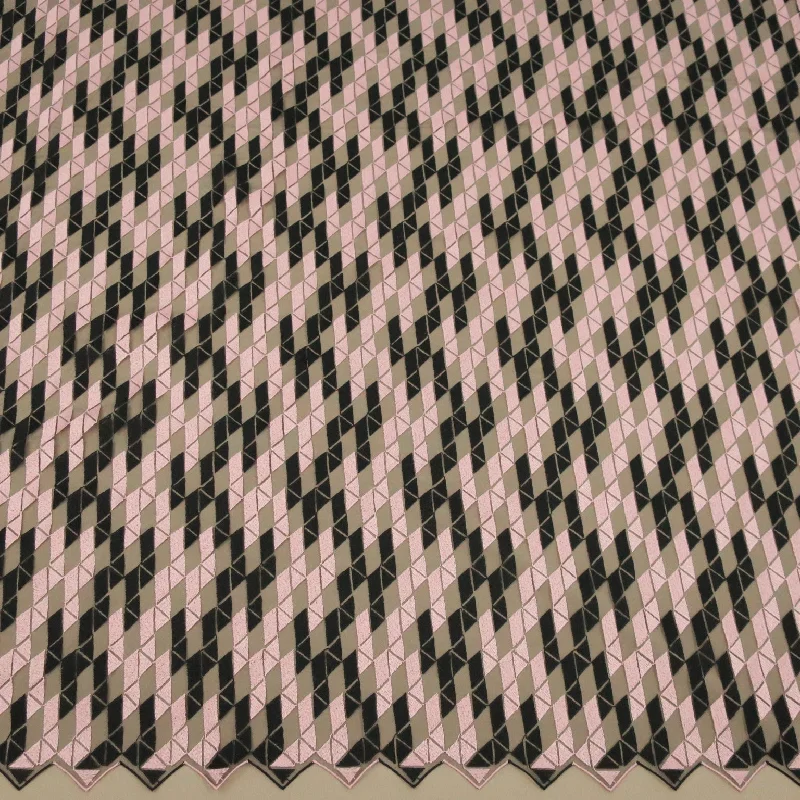 Daily Specials Black Tulle with Black and Light Pink Geometric Pattern Embroidered Fabric