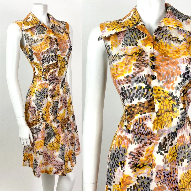 Price Drop VINTAGE 60s 70s WHITE BROWN ORANGE YELLOW PSYCHEDELIC WING COLLAR DRESS 10