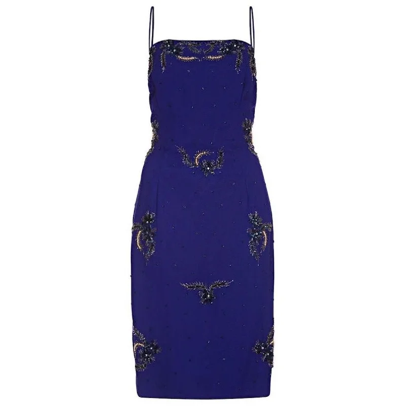Deep Discounts 1950s Selfridges Midnight Blue Chiffon Beaded Dress