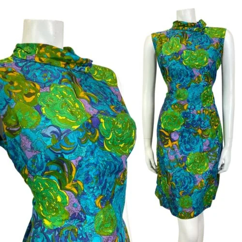 Incredible Offers VINTAGE 60s 70s BLUE GREEN YELLOW FLORAL ROSE PSYCHEDELIC SLEEVELESS DRESS 14 16