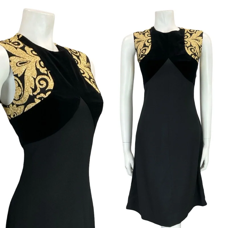 Hurry In VTG 60S MOD BLACK WOOL GOLD BROCADE SLEEVELESS VELVET EVENING DRESS 10