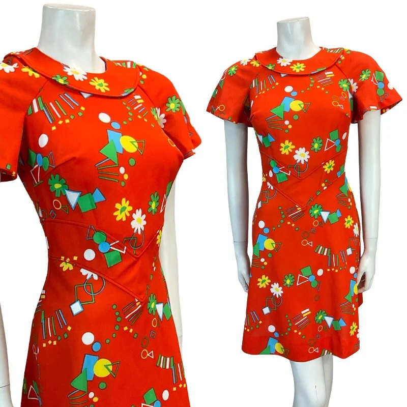 Closeout VTG 70S GEOMETRIC FLORAL DAISY MINI DRESS RED GREEN BLUE YELLOW 6 8