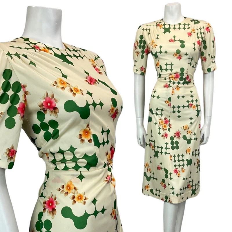 Price Reduction VTG 60s 70s CREAM GREEN PINK FLORAL PSYCHEDELIC MOD MIDI DRESS 12