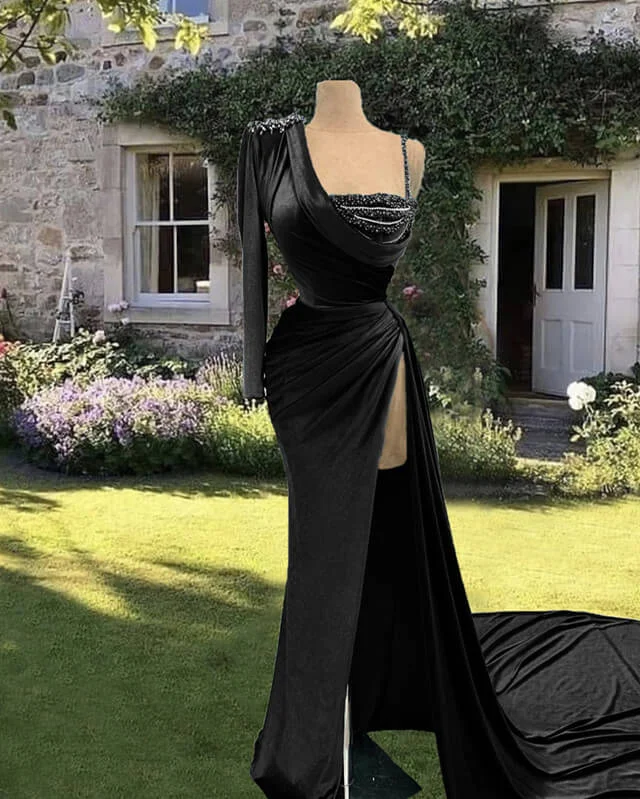 Hot Deal Mermaid Velvet One Sleeve Dress With Slit