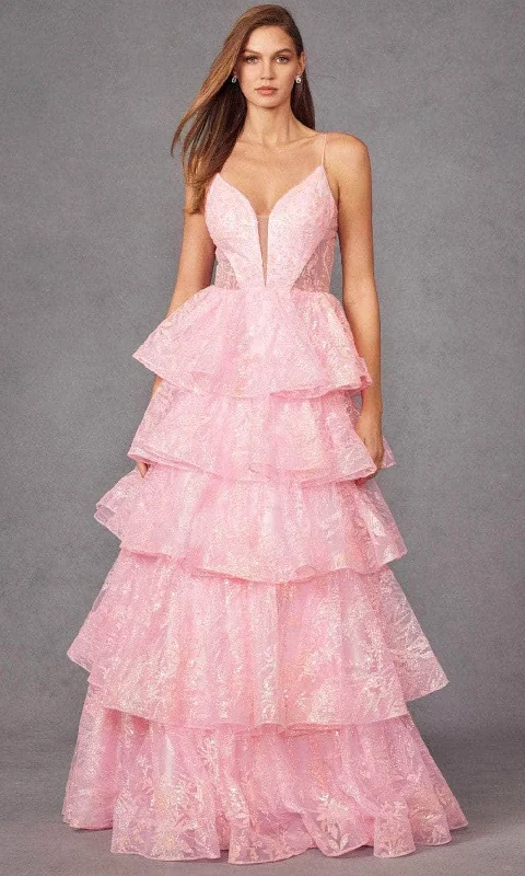 Savings Spectacular Juliet Dresses JT2438K - Plunging Tiered A-Line Prom Gown