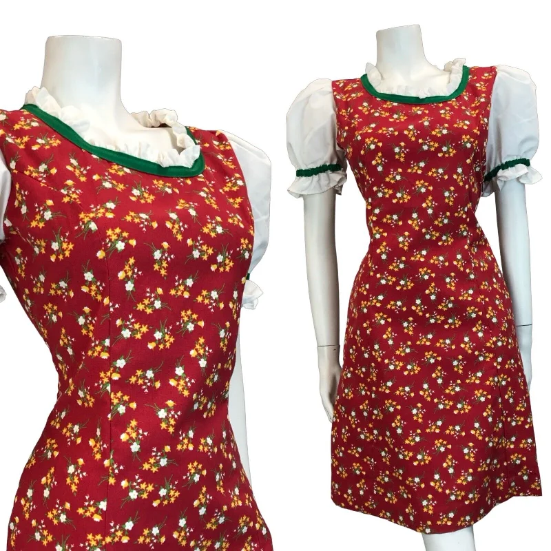 Early Access VTG 70S BAVARIAN OKTOBERFEST DIRNDL MINI DRESS RED FLORAL 12