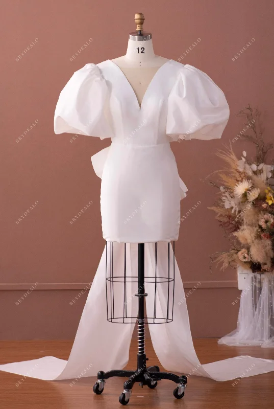 Don't Wait Bubble Sleeve Taffeta Short V-neck Bodycon Bridal Dress