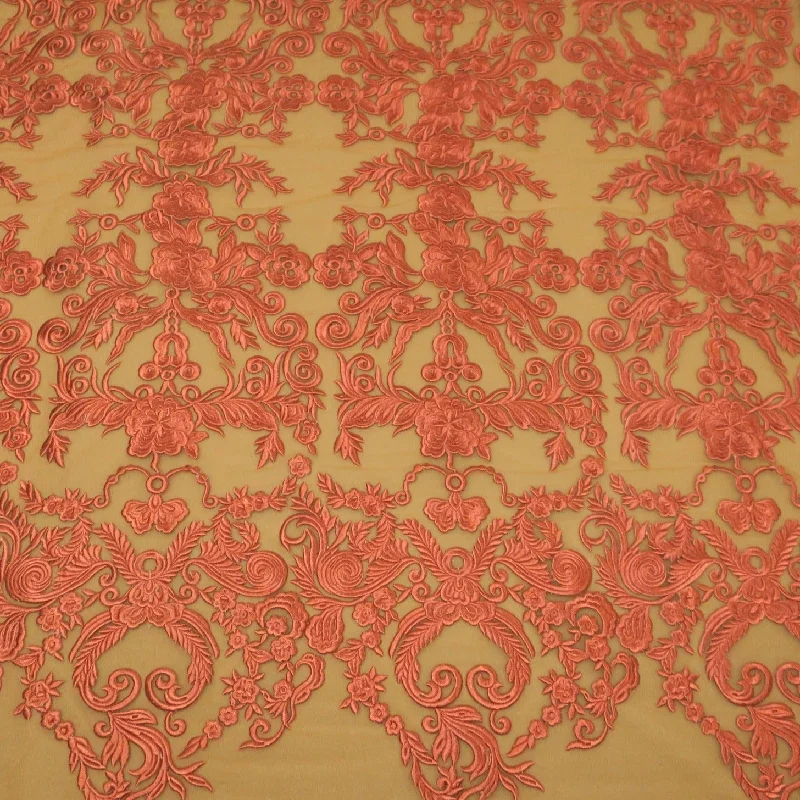 Mega Sale Pink Arabesques Embroidered Tulle Fabric