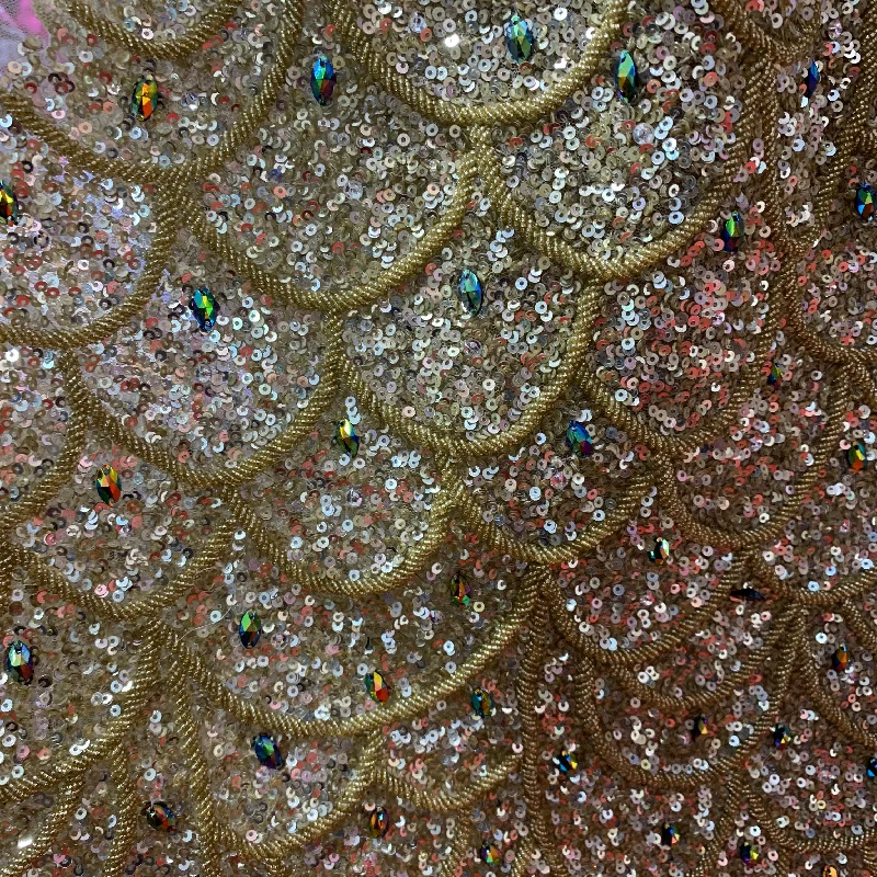 Overstock Gold Bronze Sequins and Beads Embroidered Tulle Fabric