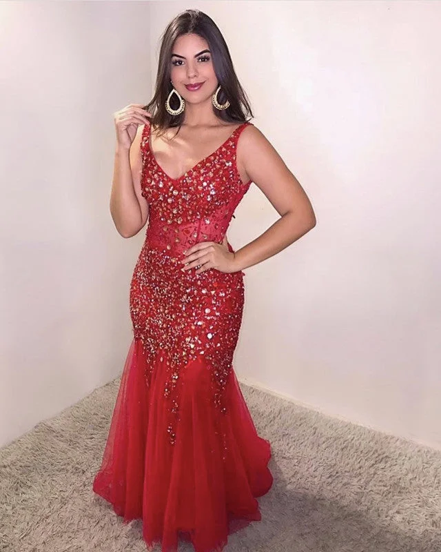 Closeout Sale Mermaid Crystal Prom Dresses V Neck Open Back