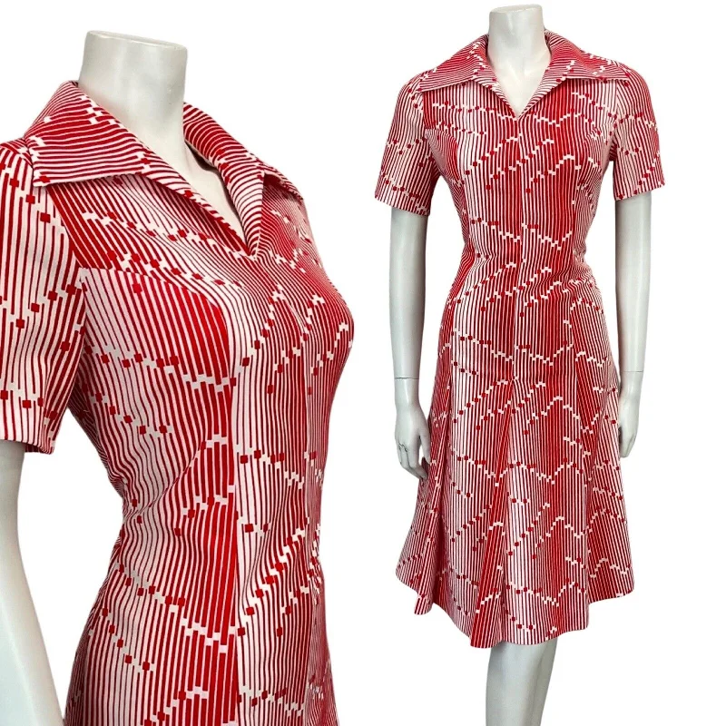 Buy Now VTG 60s 70s WHITE RED STRIPED ABSTRACT PRINT DAGGAR COLLAR MIDI MOD DRESS 8 10