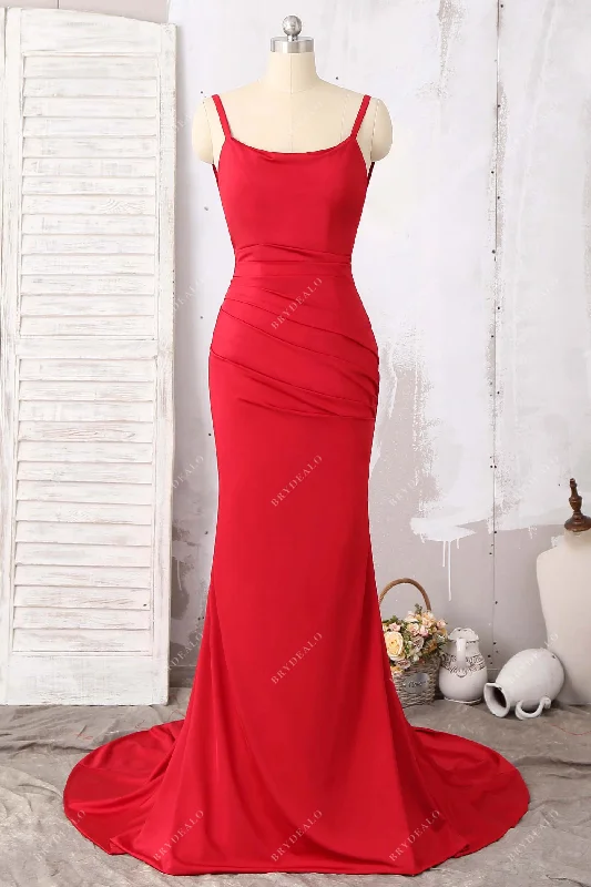 Amazing Deals Red Jersey Thin Straps Ruched Mermaid Formal Gown