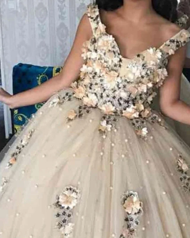 Massive Deals 3D Floral Flowers Quinceanera Dresses Tulle Spaghetti Straps Ball Gown