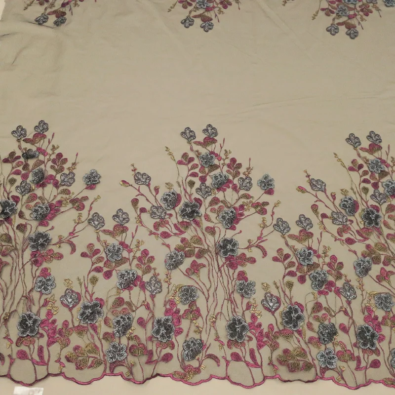Limited Edition Wine Tulle with Silver and Gold Floral Embroidery Fabric