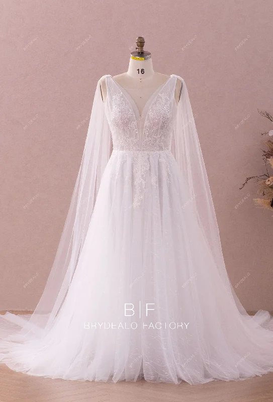 Final Markdown Beaded Lace Plunging Shoulder Veil A-line Wedding Dress