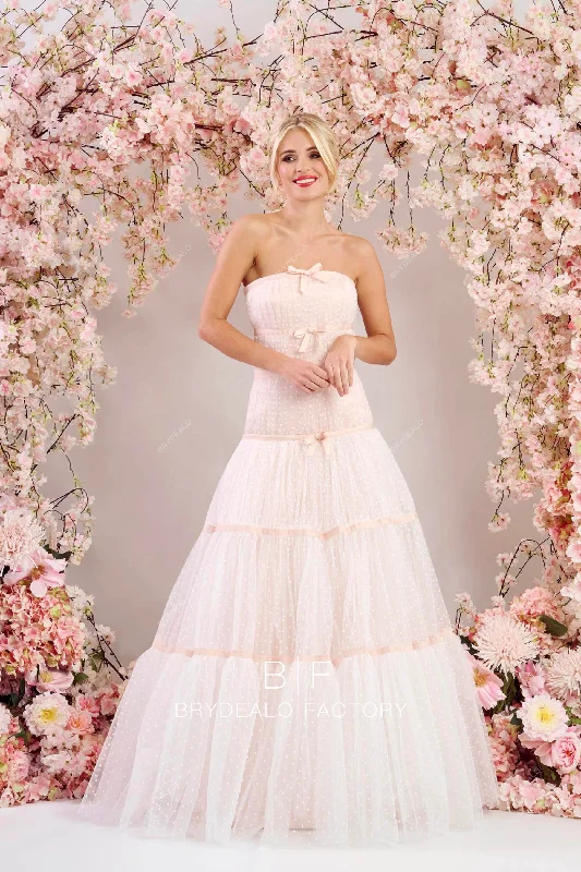 Stock Clearance Blush Dotted Tulle Strapless Pretty Fit and Flare Wedding Dress