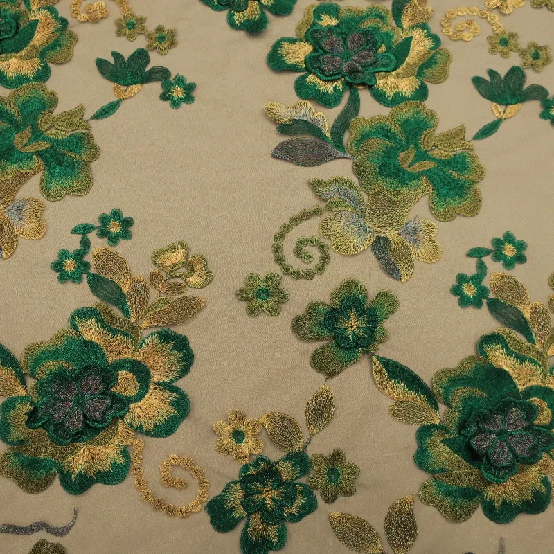 Anniversary Sale Black Tulle with Green and Gold 3D Floral Design Embroidered Fabric