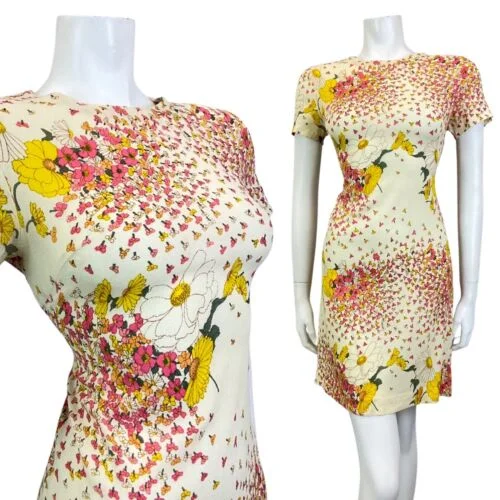 Super Deal VINTAGE 60s 70s CREAM PINK YELLOW FLORAL PETAL SUMMER SHORT DRESS 8 10