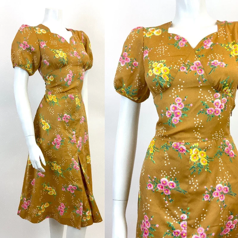 Fantastic Offers VTG 60s 70s GOLDEN BROWN TAN GREEN PINK FLORAL DOTTY PUFF SLEEVE TEA DRESS 10 Fantastic Offers VTG 60s 70s GOLDEN BROWN TAN GREEN PINK FLORAL DOTTY PUFF SLEEVE TEA DRESS 10