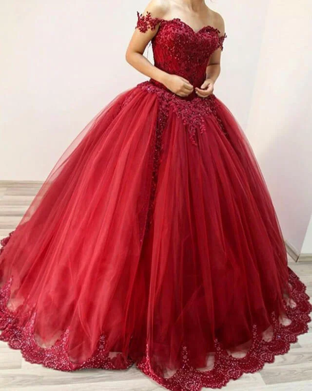 Final Clearance Burgundy Tulle Ball Gown Lace Appliques Dress