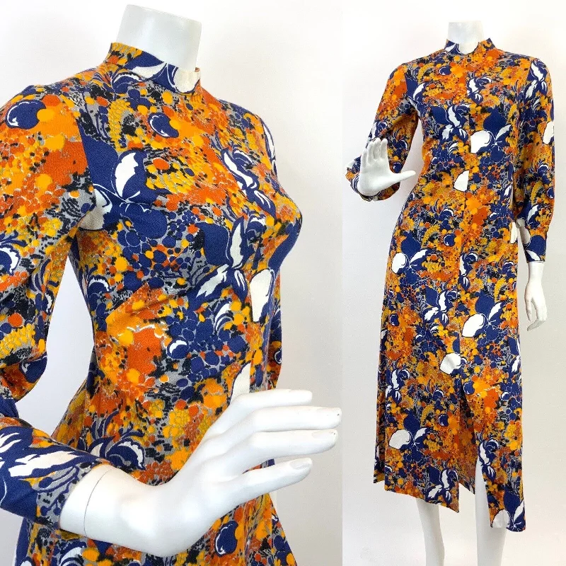 Limited Availability VINTAGE 60s 70s BLUE ORANGE YELLOW PSYCHEDELIC FLORAL DOTTY MOD MIDI DRESS 8 Limited Availability VINTAGE 60s 70s BLUE ORANGE YELLOW PSYCHEDELIC FLORAL DOTTY MOD MIDI DRESS 8