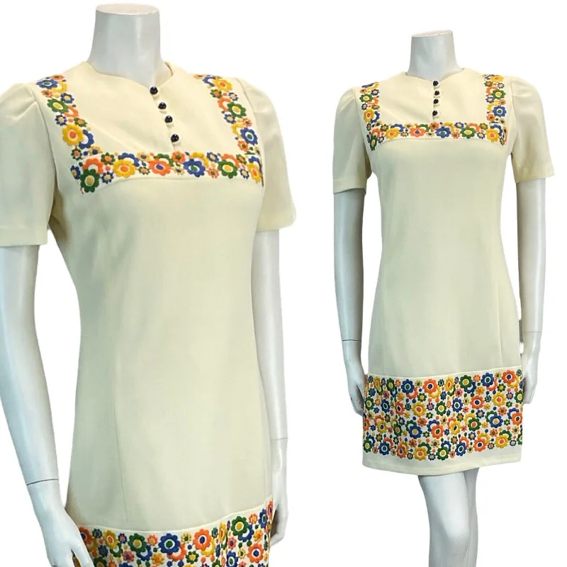 Price Reduction VTG 60S 70S CREAM EMBROIDERED FLORAL MINI DRESS MOD SCOOTER 8 10