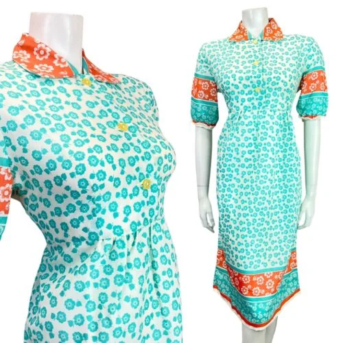 Closeout Sale VINTAGE 60s 70s BLUE ORANGE WHITE FLORAL DAISY PUFF SLEEVE MOD DRESS 14 16