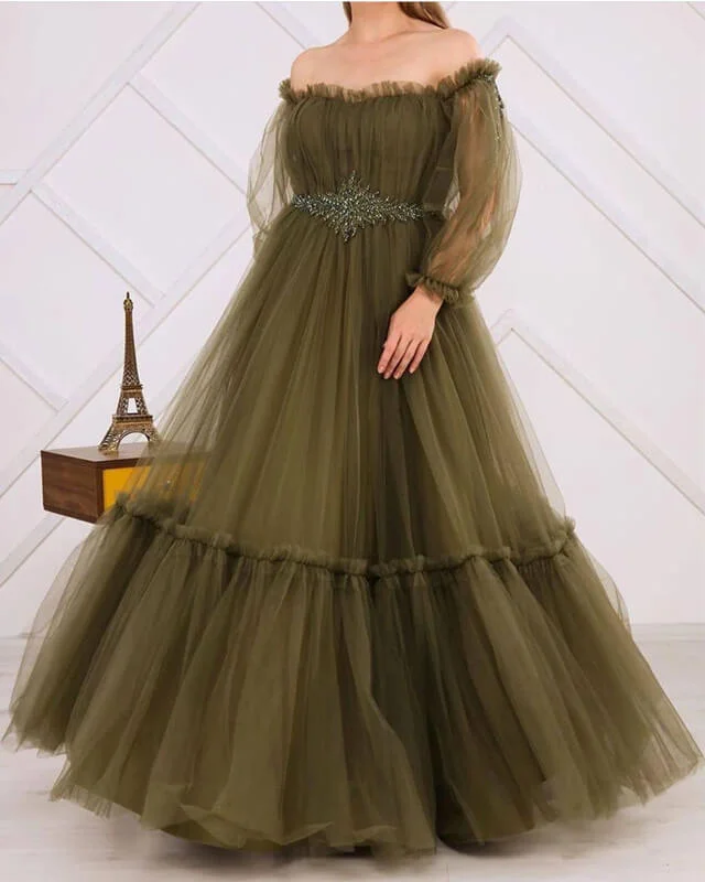 Exclusive Offers Olive Green Tulle Long Sleeve Off-Shoulder Dress