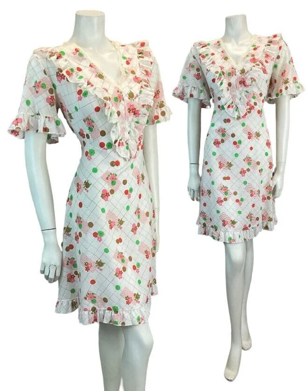 Flash Deals VTG 70S WHITE PINK GREEN COTTON FEEL SUMMER MINI DRESS GRID FLORAL 12 14