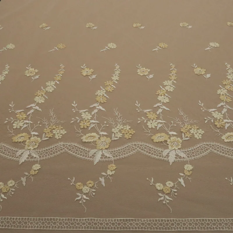 Deep Discounts Off  White Tulle with Yellow and Gold Floral Design Embroidered Fabric