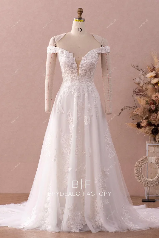Big Savings Shimmery Off Shoulder Plunging Lace Bridal Gown