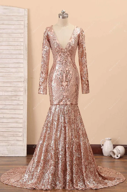 Exclusive Online Offer Champagne Sequin Long Sleeve Mermaid Prom Dress