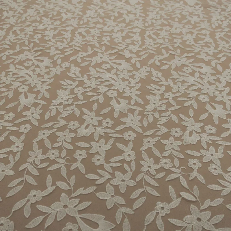 Blowout Deals Off White Tulle with  Off White  Floral Design Embroidered Fabric