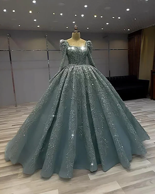 Crazy Savings Long Sleeves Square Neck Ball Gown Sage Dress
