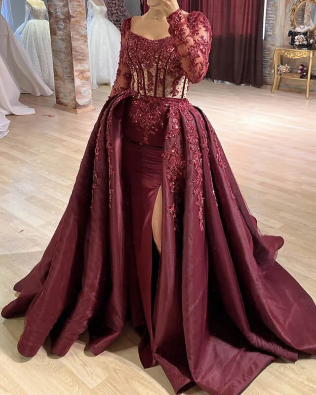 Can't Miss Burgundy Mermaid Sheer Lace Sleeve Satin Split Dress